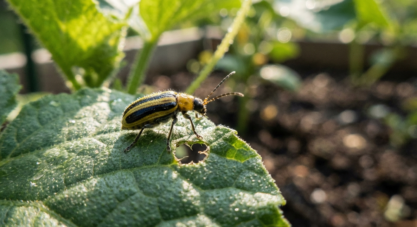A real macro photograph of a striped cucumber beetle sitting on a cucumber leaf near a small chew hole, taken in natural outdoor light with shallow depth of field