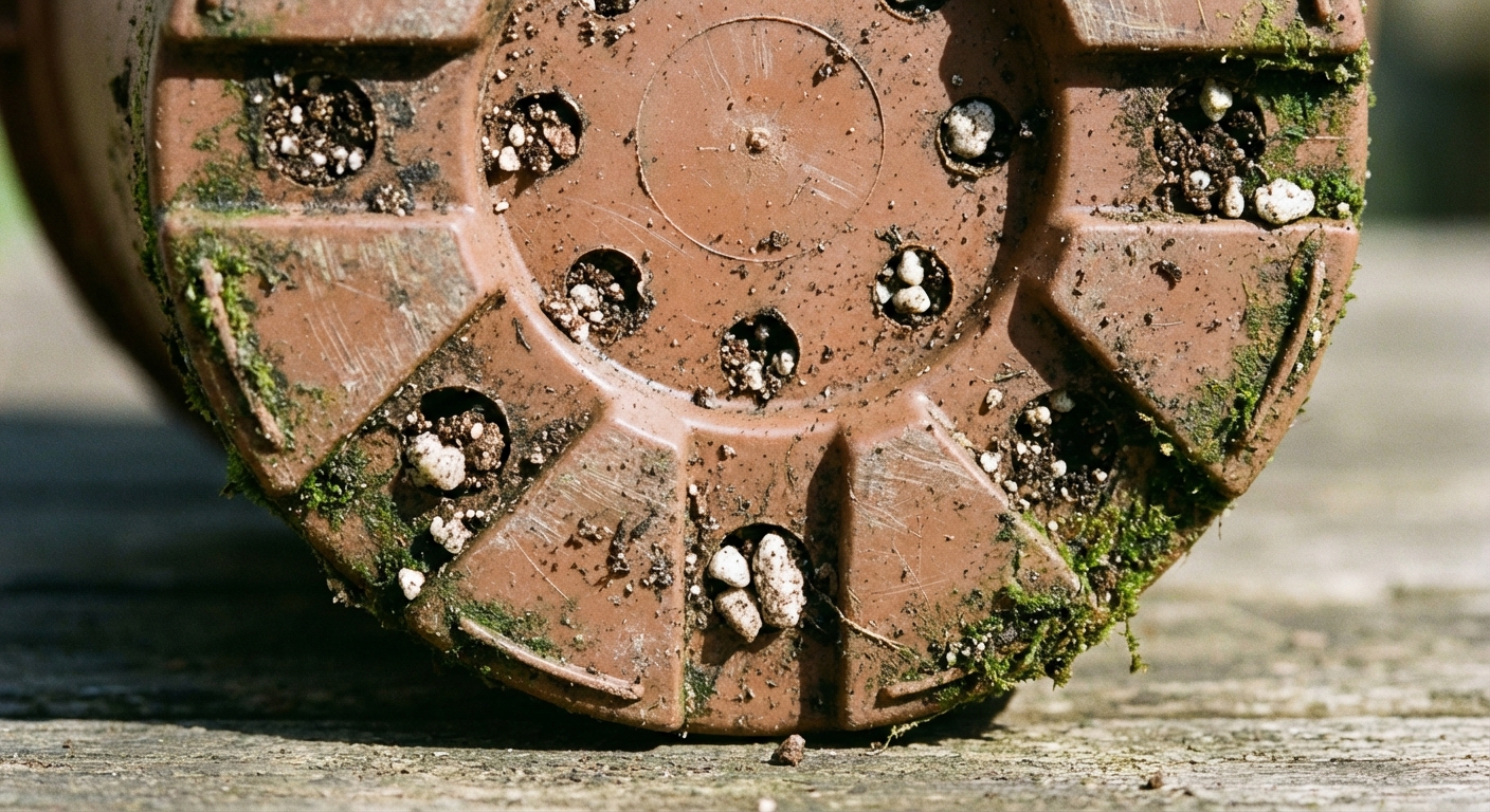 A real photo close-up of the bottom of a plastic planter showing multiple drainage holes with loose potting soil grains, outdoors in natural light
