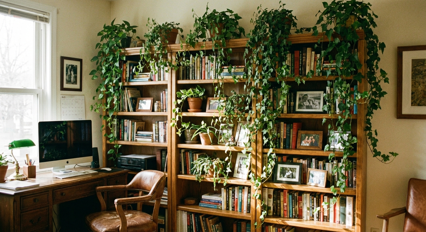 A real photo of English ivy trailing down from a high bookshelf in a home office