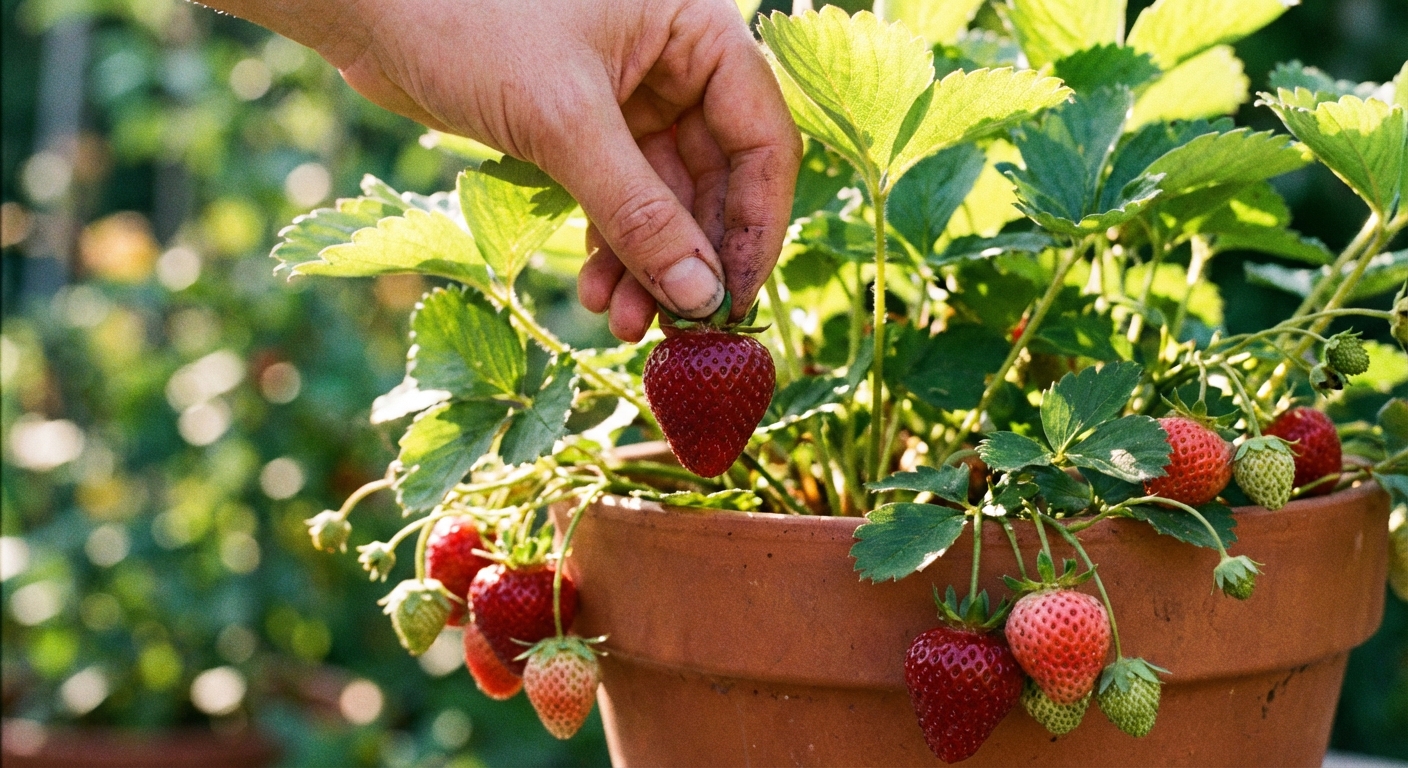 A real photo of a hand picking a ripe strawberry from a container plant, with several green and red berries visible and sunlit leaves in the background