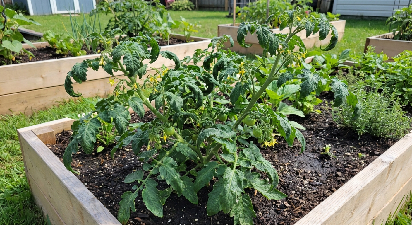 A real photo of a healthy tomato plant with rolled leaves but normal green color and active growth, garden bed background