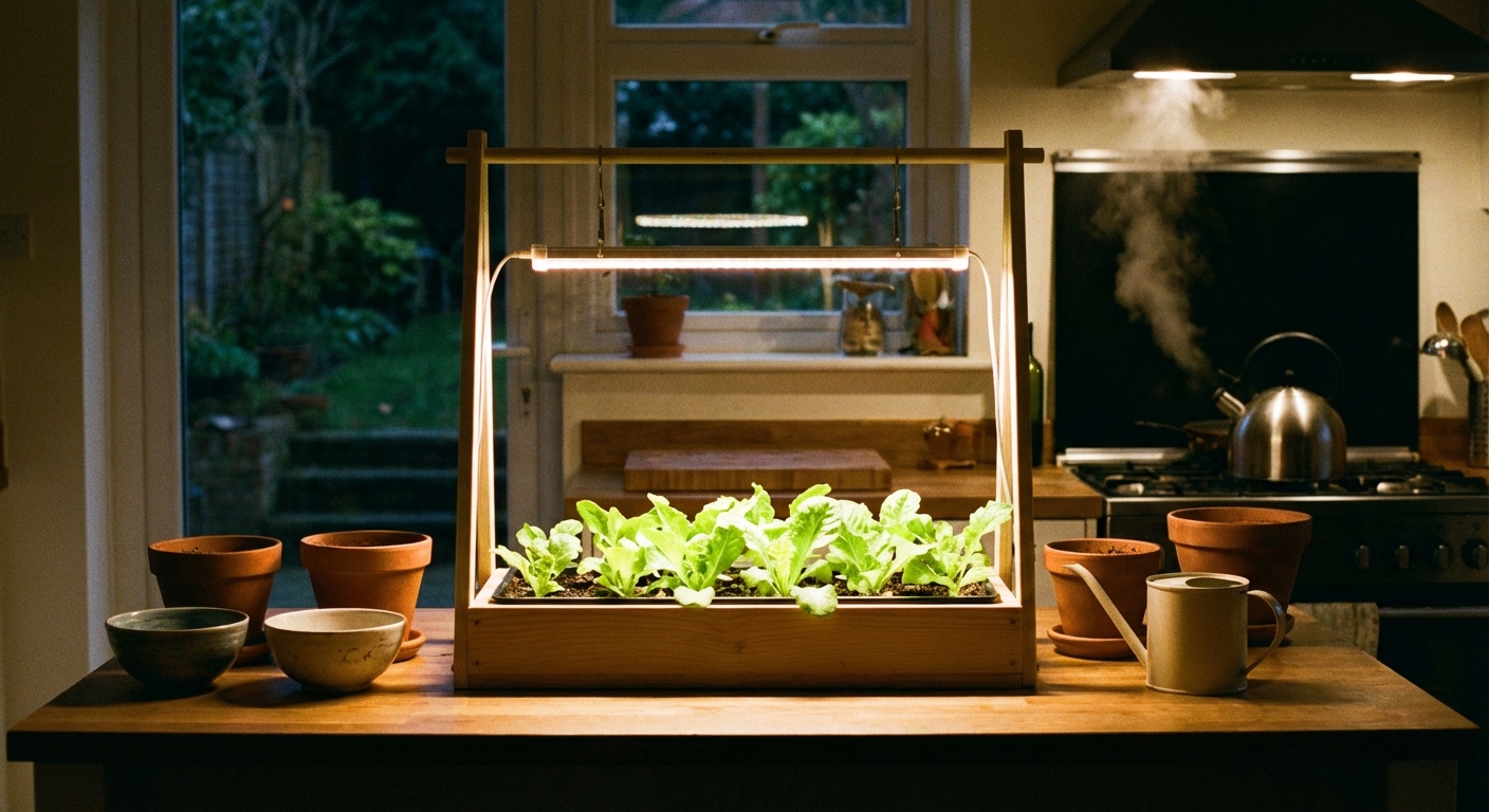 A real photo of a kitchen counter with a small tray of baby lettuce growing under a simple LED grow light, warm indoor evening scene with clean pots and visible green leaves