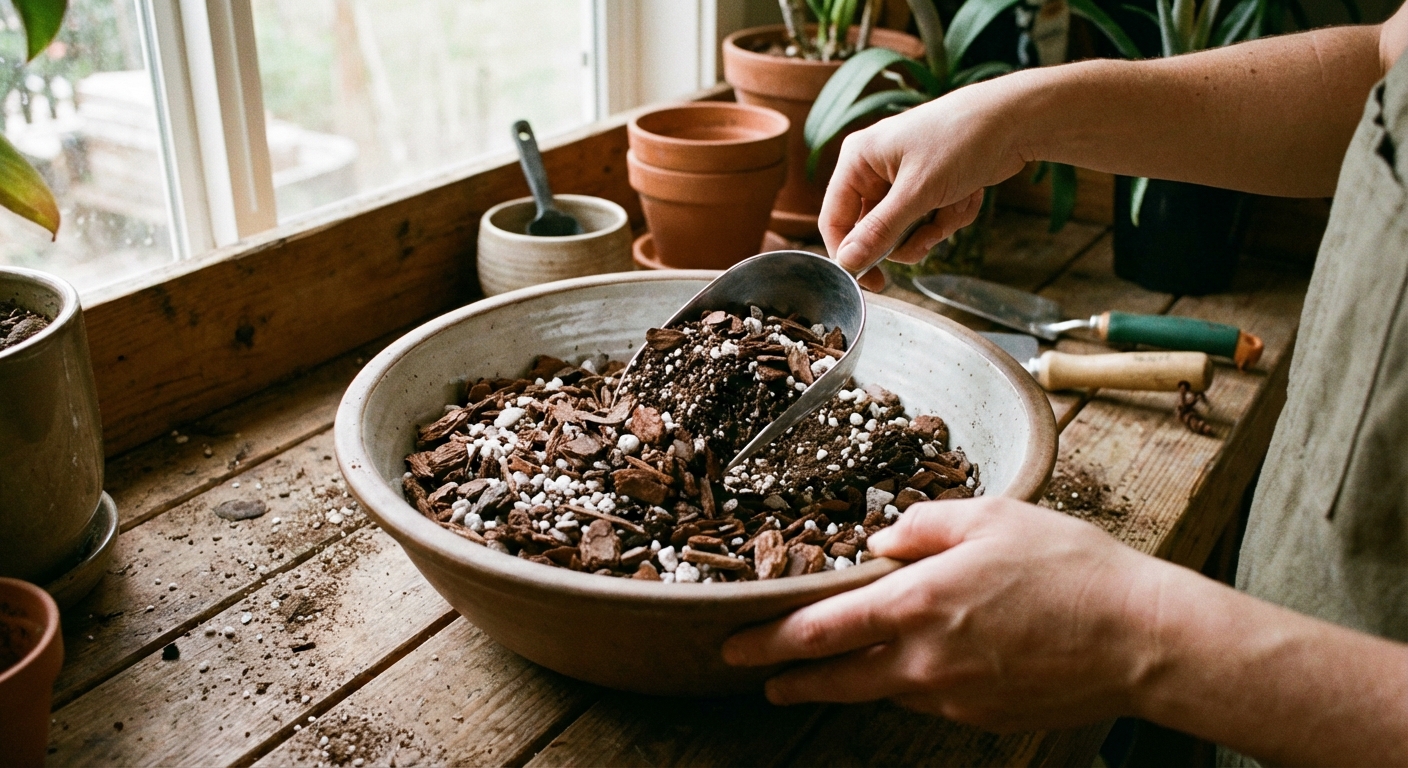 A real photo of a mixing bowl filled with chunky orchid bark, perlite, and dark potting soil on a potting bench, hands holding a scoop, natural light, photorealistic