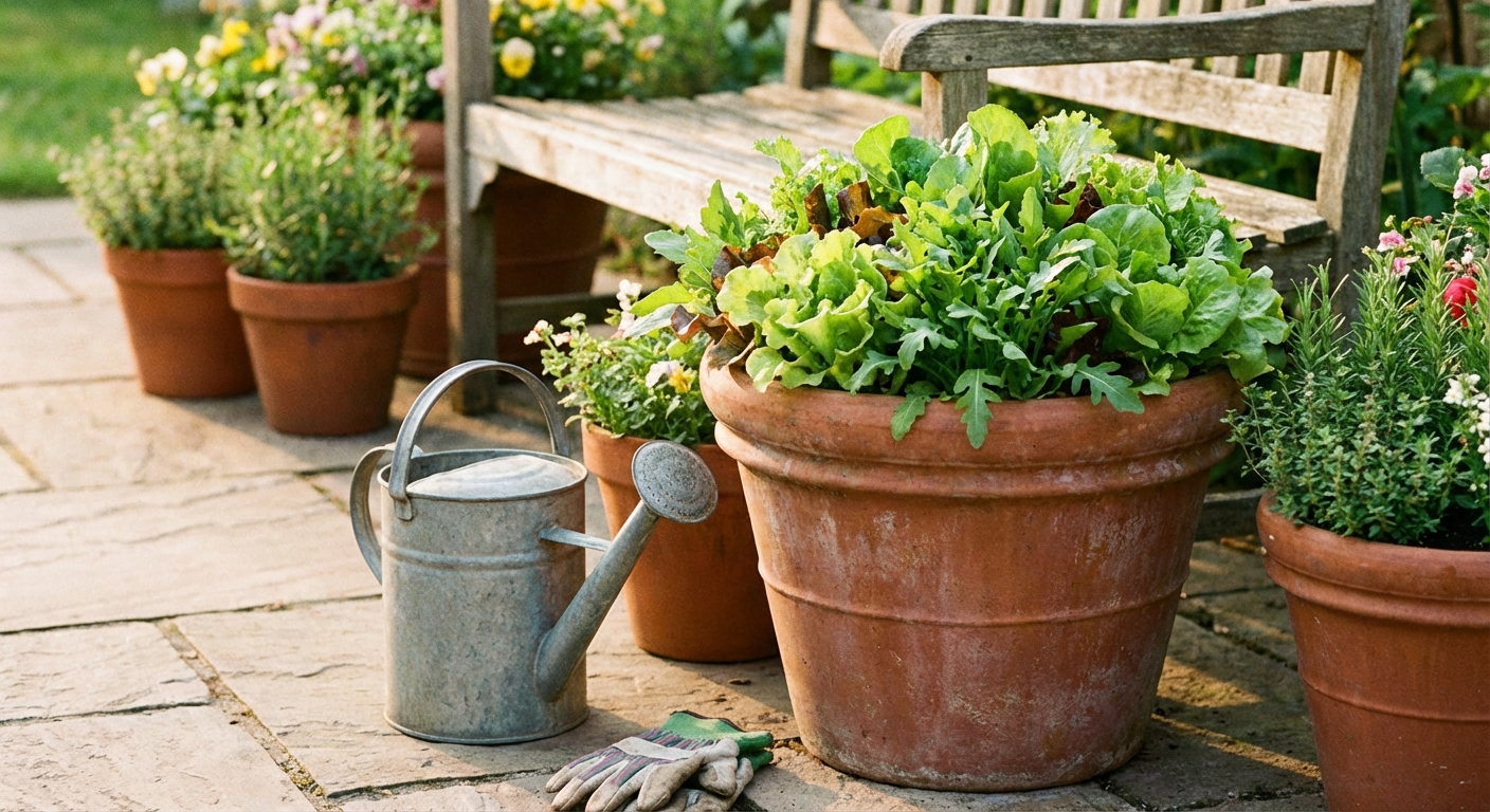A real photo of a patio container garden with a wide terracotta pot overflowing with baby lettuce and arugula, watering can nearby, soft afternoon light