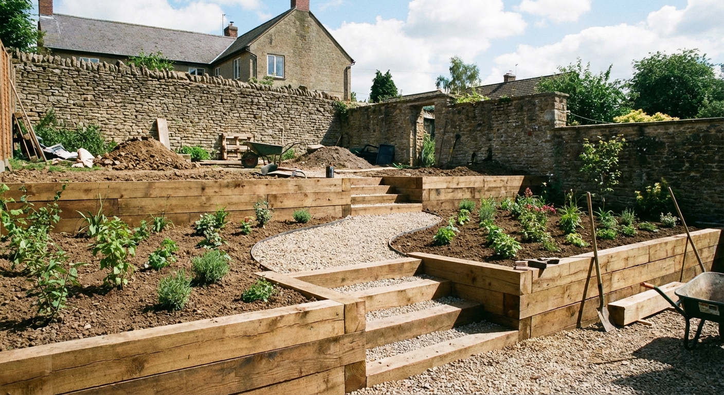 A real photo of a sloped yard being converted into three stepped planting levels with timber edging and a gravel path