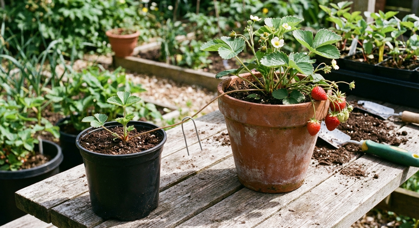 A real photo of a strawberry plant in a pot sending out a runner, with a small daughter plant pinned onto soil in a nearby nursery pot, outdoors in daylight