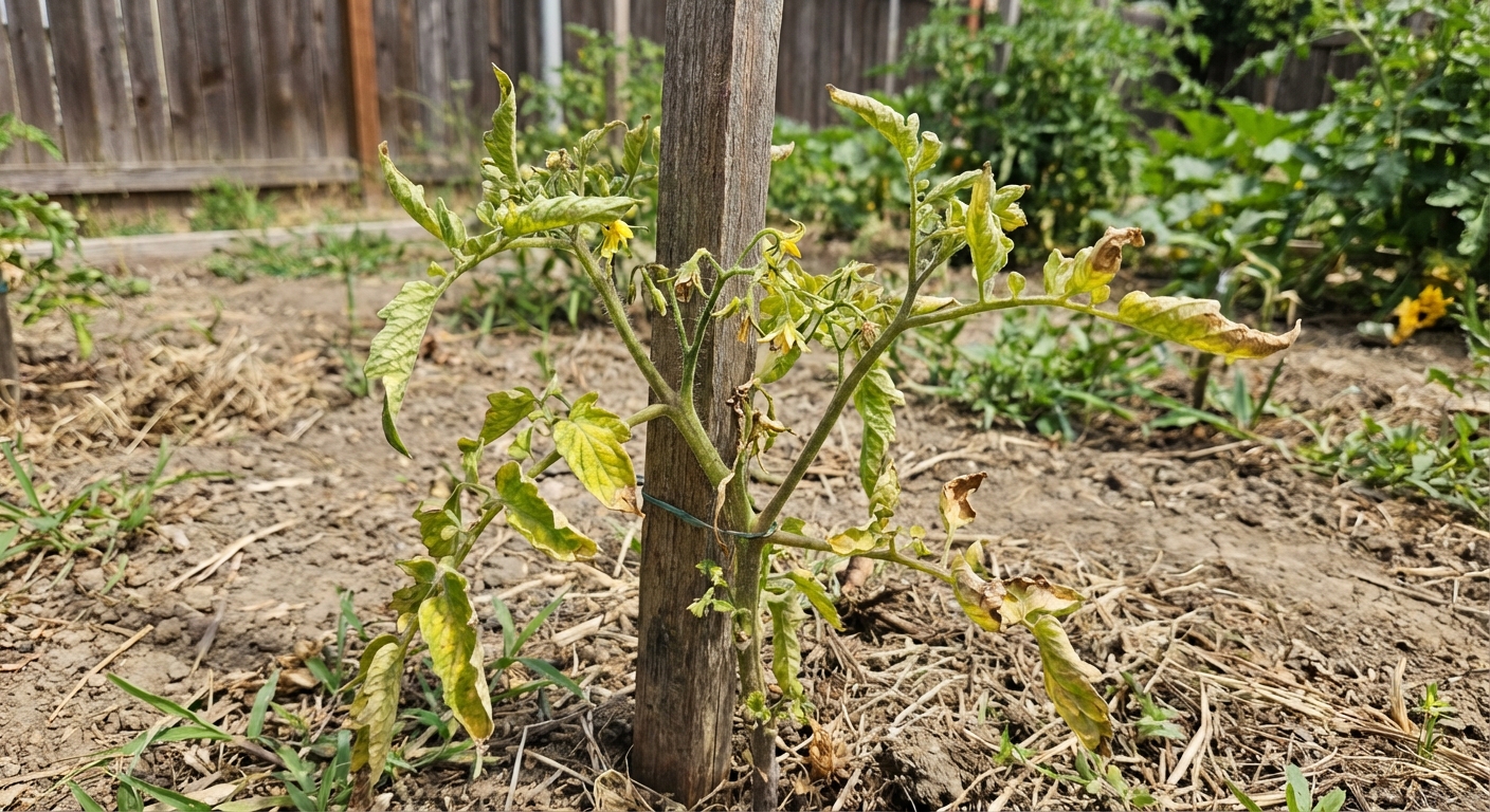A real photo of a stunted tomato plant with upward curled leaves showing yellowing, sparse growth, and a few small flowers, taken in a backyard garden