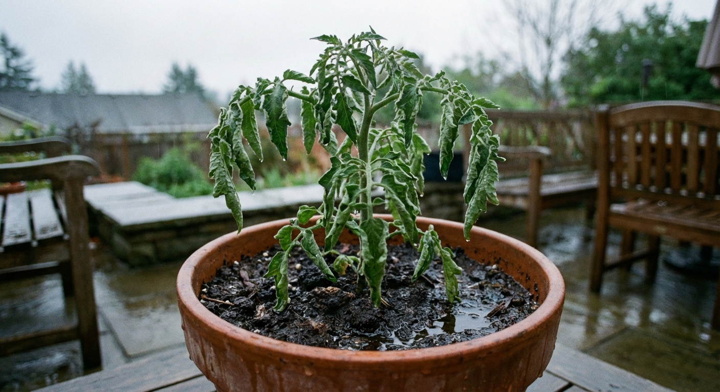 A real photo of a tomato plant in a container with downward curled leaves, dark wet potting soil visible, overcast lighting