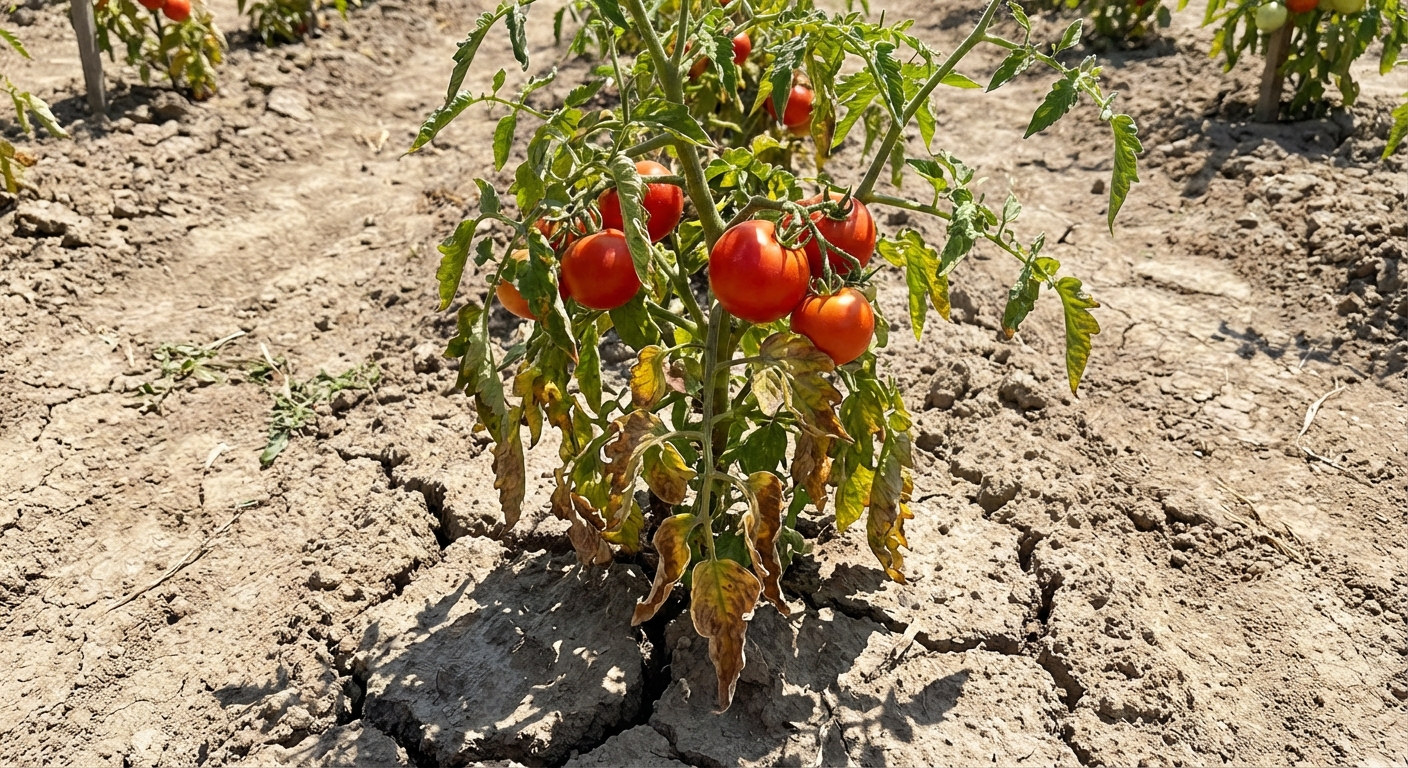 A real photo of a tomato plant in a sunny garden bed with curled, yellowing lower leaves and dry, cracked soil around the base, harsh midday light