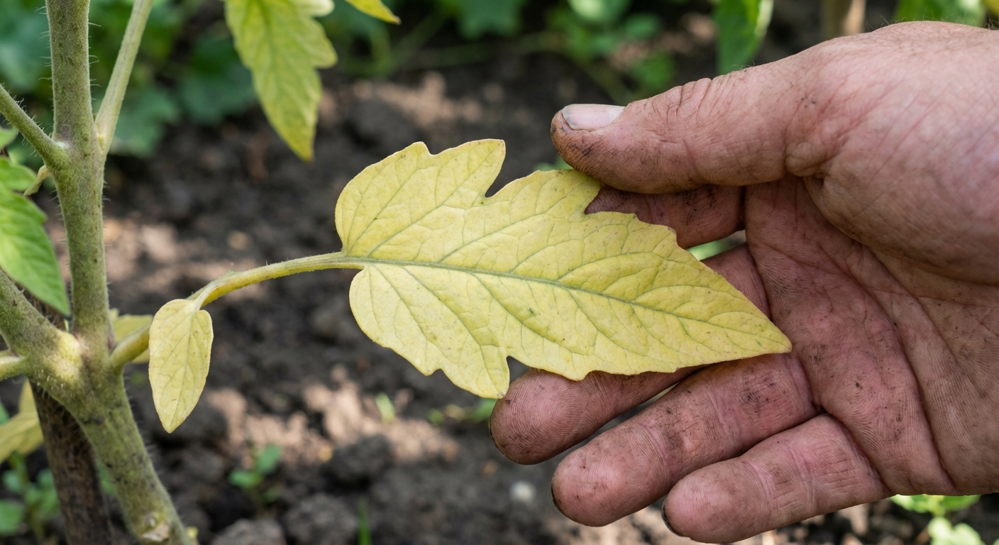 A real photo of a tomato plant leaf held in a gardener's hand showing uniform pale yellowing on an older lower leaf with slightly greener veins, garden soil blurred in the background