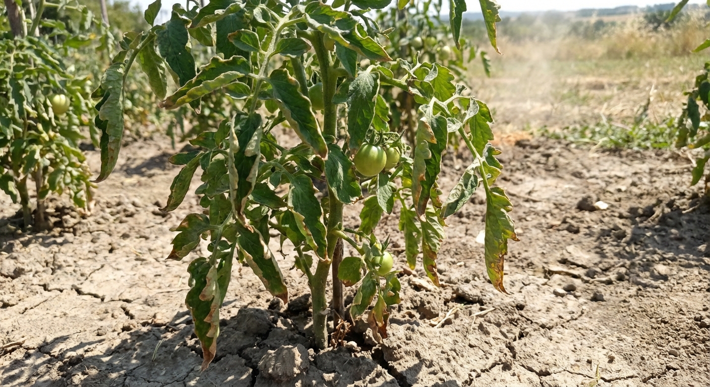 A real photo of a tomato plant outdoors on a hot sunny day with leaves slightly cupped upward, dry soil surface visible, bright harsh light