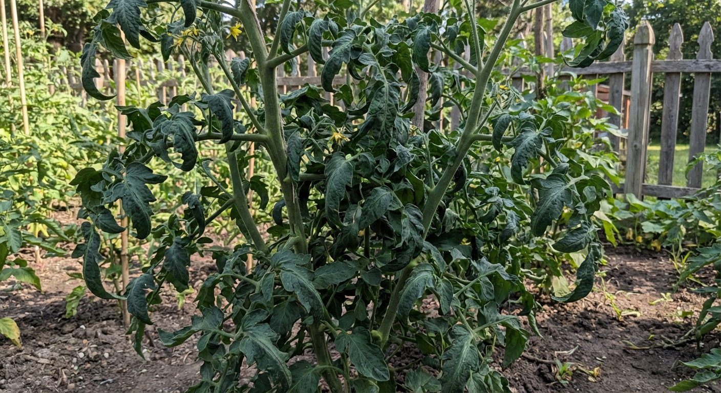 A real photo of a tomato plant with very dark green leaves that curl downward in a claw shape, thick stems, and lots of foliage with few flowers