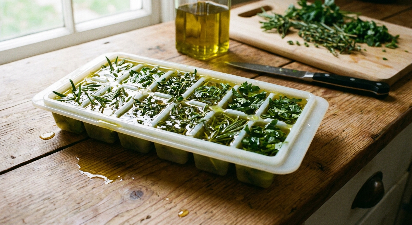 A real photo of an ice cube tray filled with chopped green herbs covered in olive oil on a kitchen counter