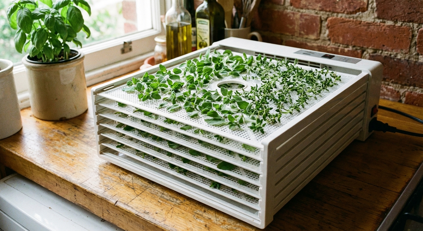 A real photo of fresh oregano and thyme leaves spread in a single layer on dehydrator trays on a kitchen counter