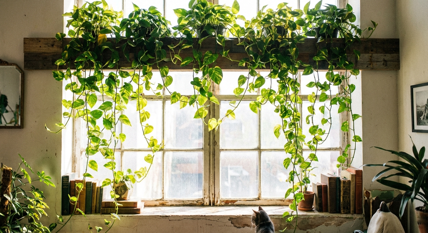 A real photo of golden pothos vines trailing from a high shelf above a window