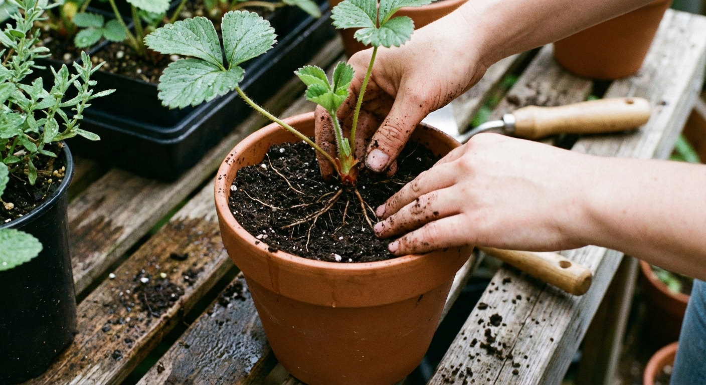A real photo of hands planting a strawberry start into a container, with the crown clearly visible at soil level and roots tucked into moist potting mix