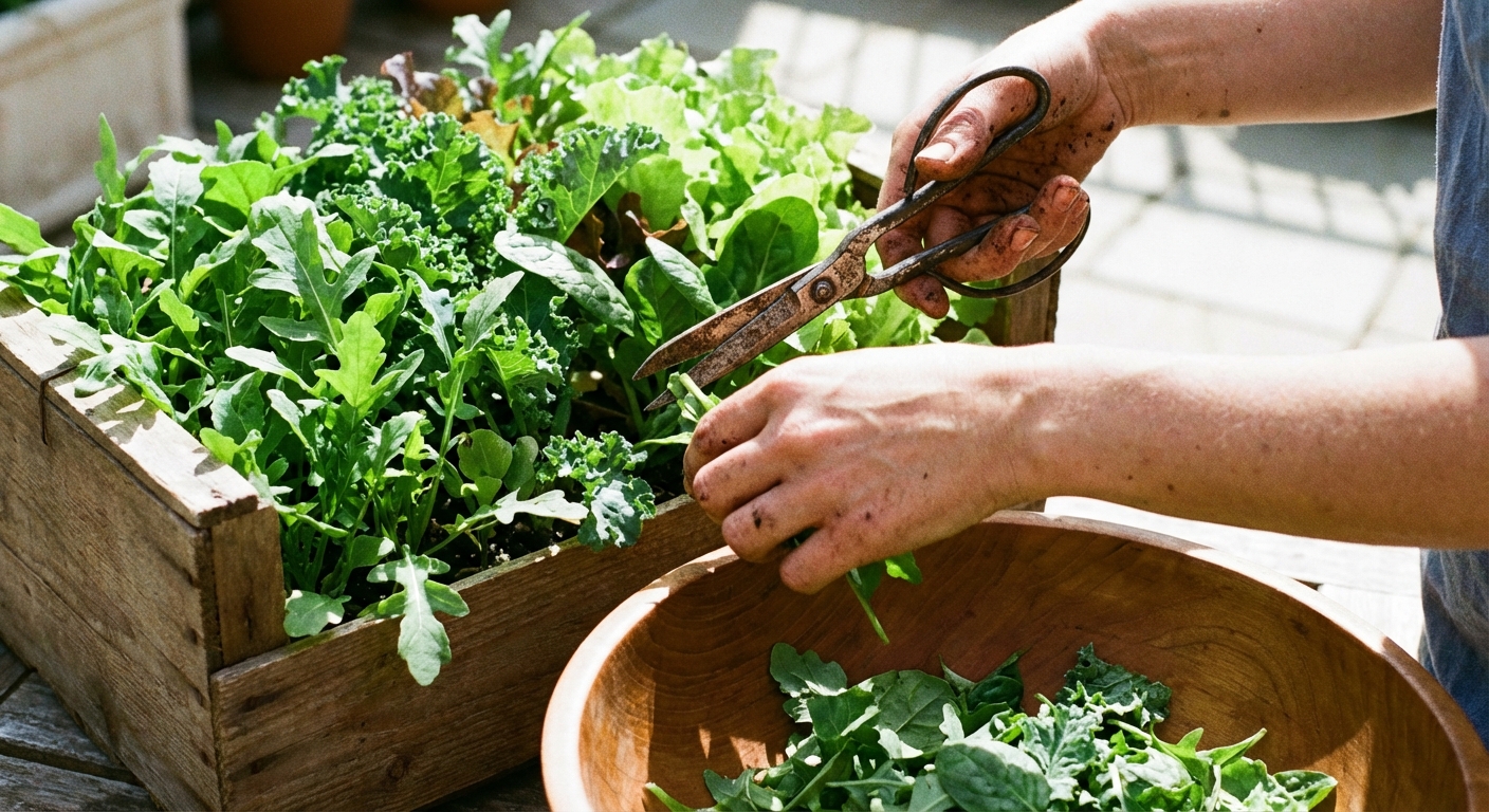 A real photo of hands using garden scissors to harvest a patch of mixed baby greens in a container, cut leaves falling into a wooden bowl, bright natural light