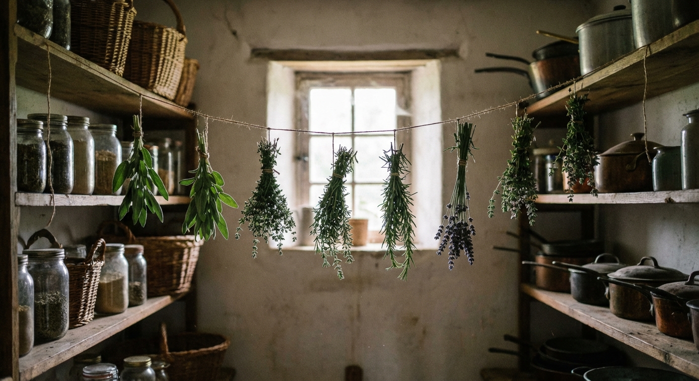 A real photo of small herb bundles hanging upside down from kitchen twine in a dim pantry with soft natural light