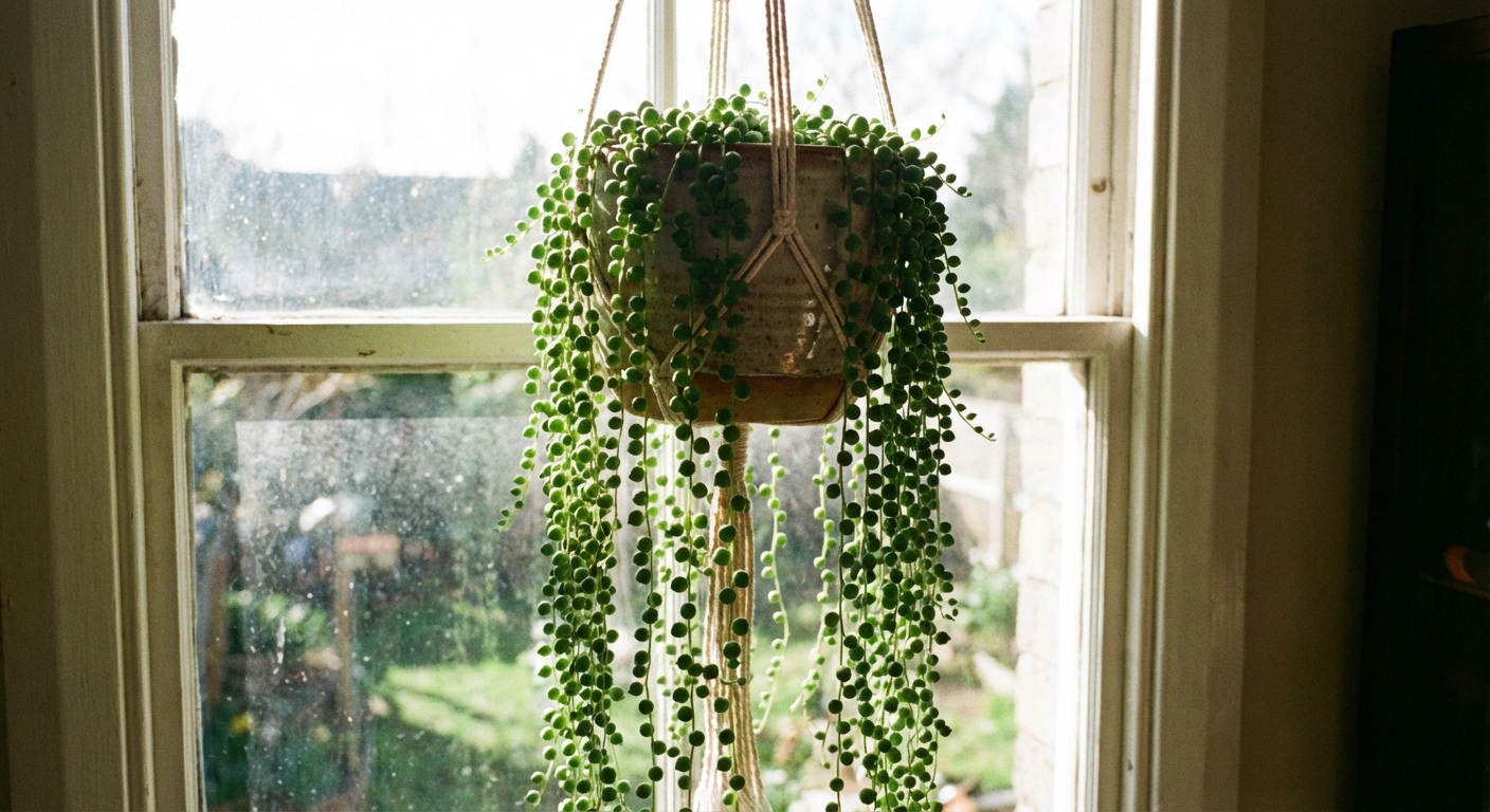 A real photo of string of pearls cascading from a hanging pot near a bright window