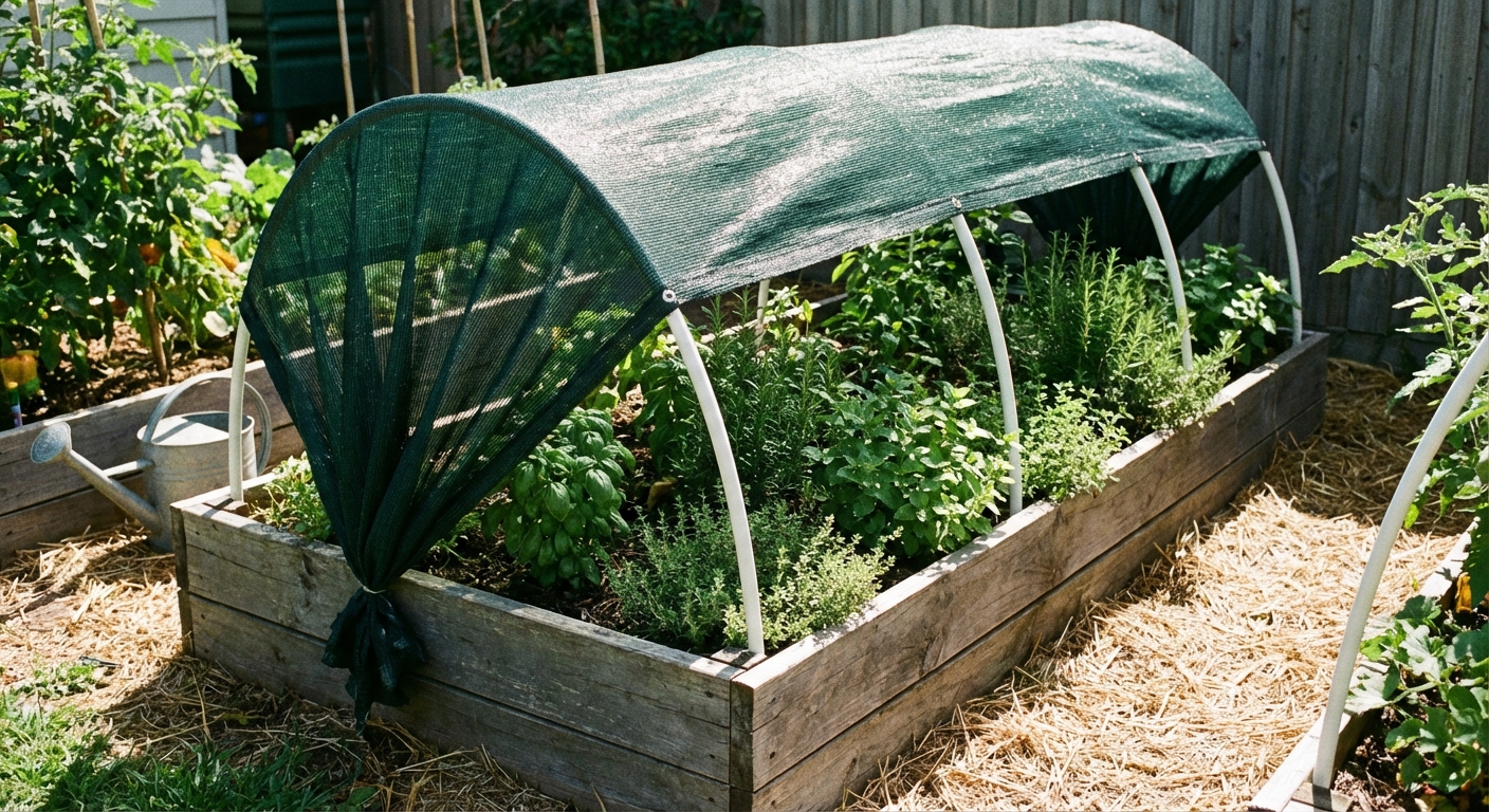 A real photograph of a backyard garden bed covered with green shade cloth stretched over simple hoop supports, with herbs growing underneath