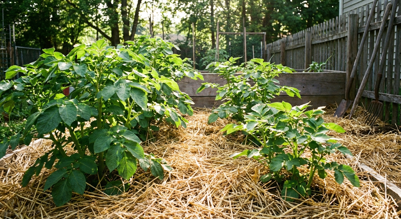 A real photograph of a backyard garden bed with healthy potato plants growing through a thick layer of straw mulch, with soil mostly covered and sunlight hitting the leaves