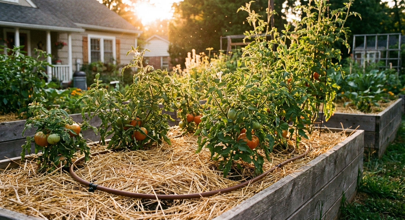 A real photograph of a backyard garden bed with tomato plants mulched with clean straw around the base, drip irrigation line visible, warm evening light