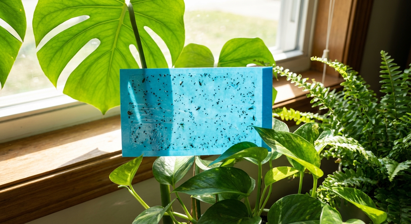 A real photograph of a blue sticky insect trap placed among green houseplant leaves near a bright window, with several tiny specks stuck to the trap surface
