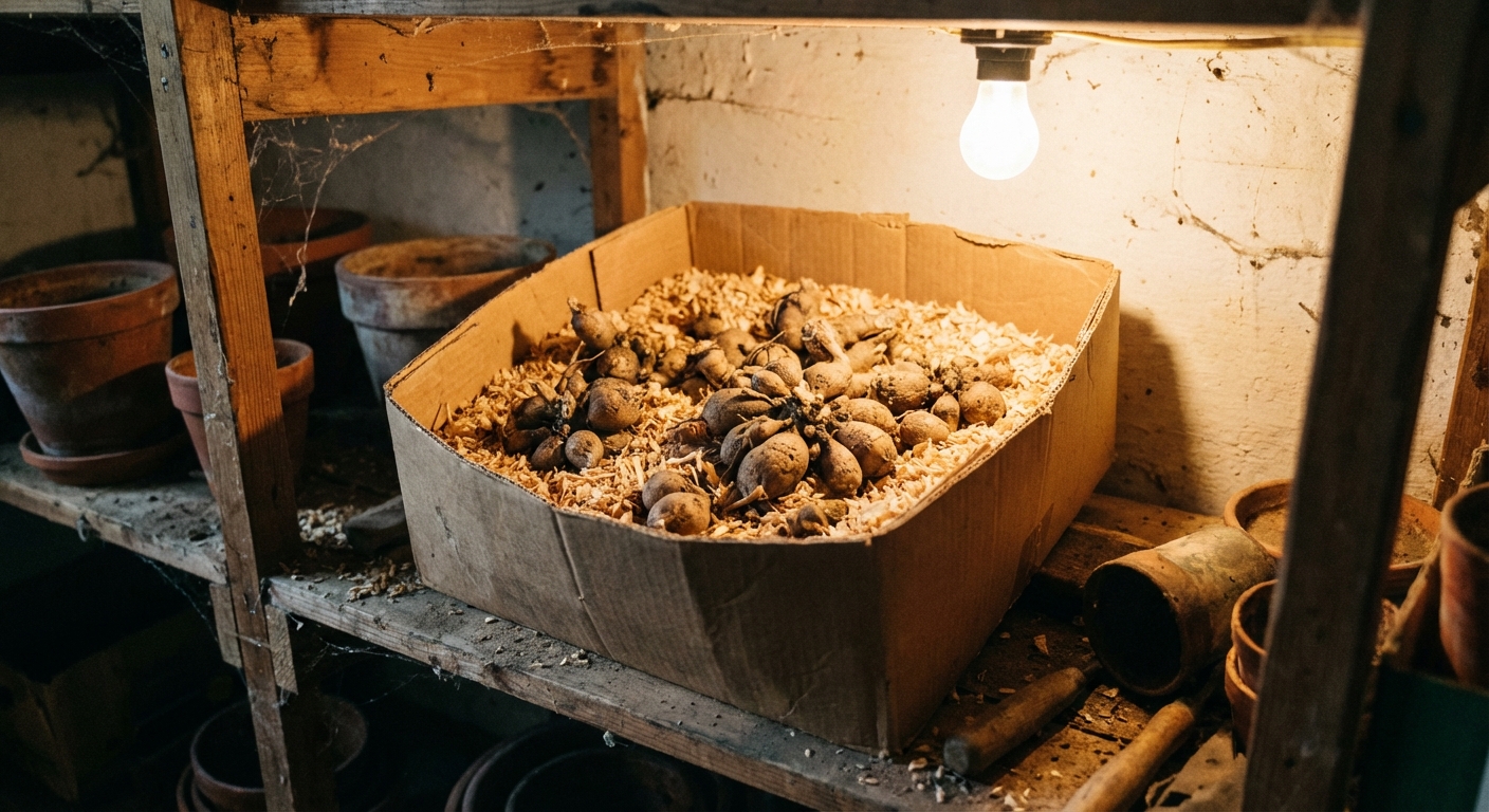 A real photograph of a cardboard box filled with dahlia tubers nestled in wood shavings on a basement shelf, warm indoor lighting, no text visible