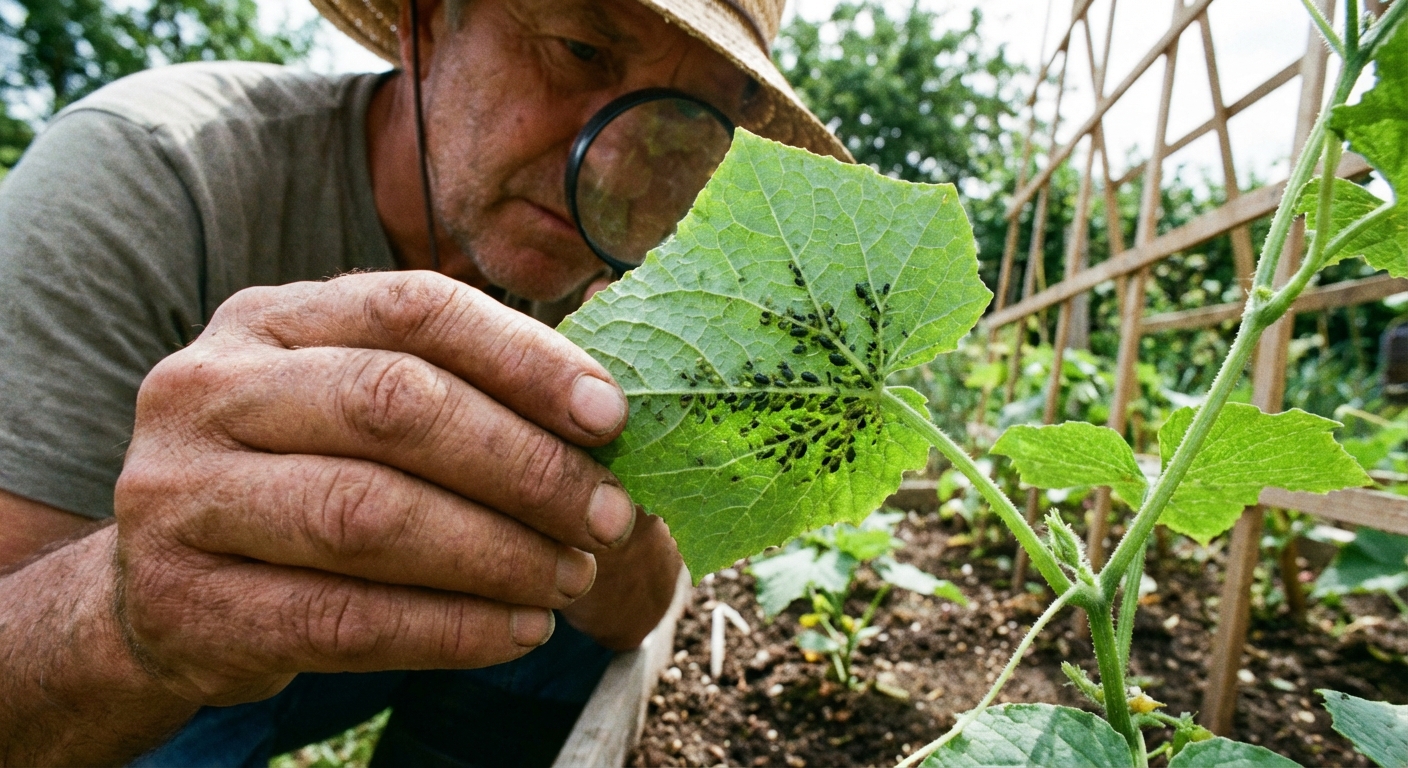 A real photograph of a close-up cucumber leaf showing a small cluster of aphids on the underside with a gardener inspecting the plant in natural daylight