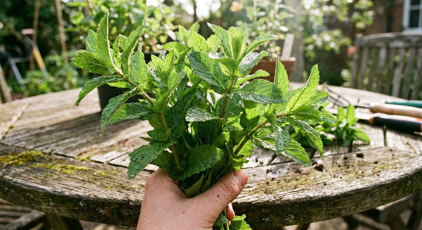 A real photograph of a close-up handful of freshly picked mint sprigs on a wooden garden table, with bright green serrated leaves and stems in sharp focus