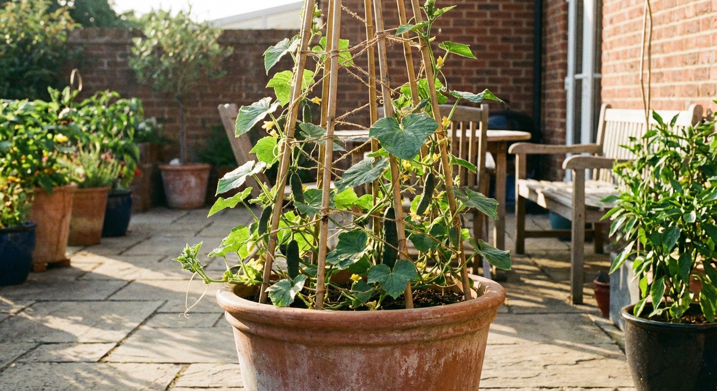 A real photograph of a cucumber vine trained up a bamboo teepee trellis in a large round container on a sunny patio, with tendrils wrapping naturally around the supports