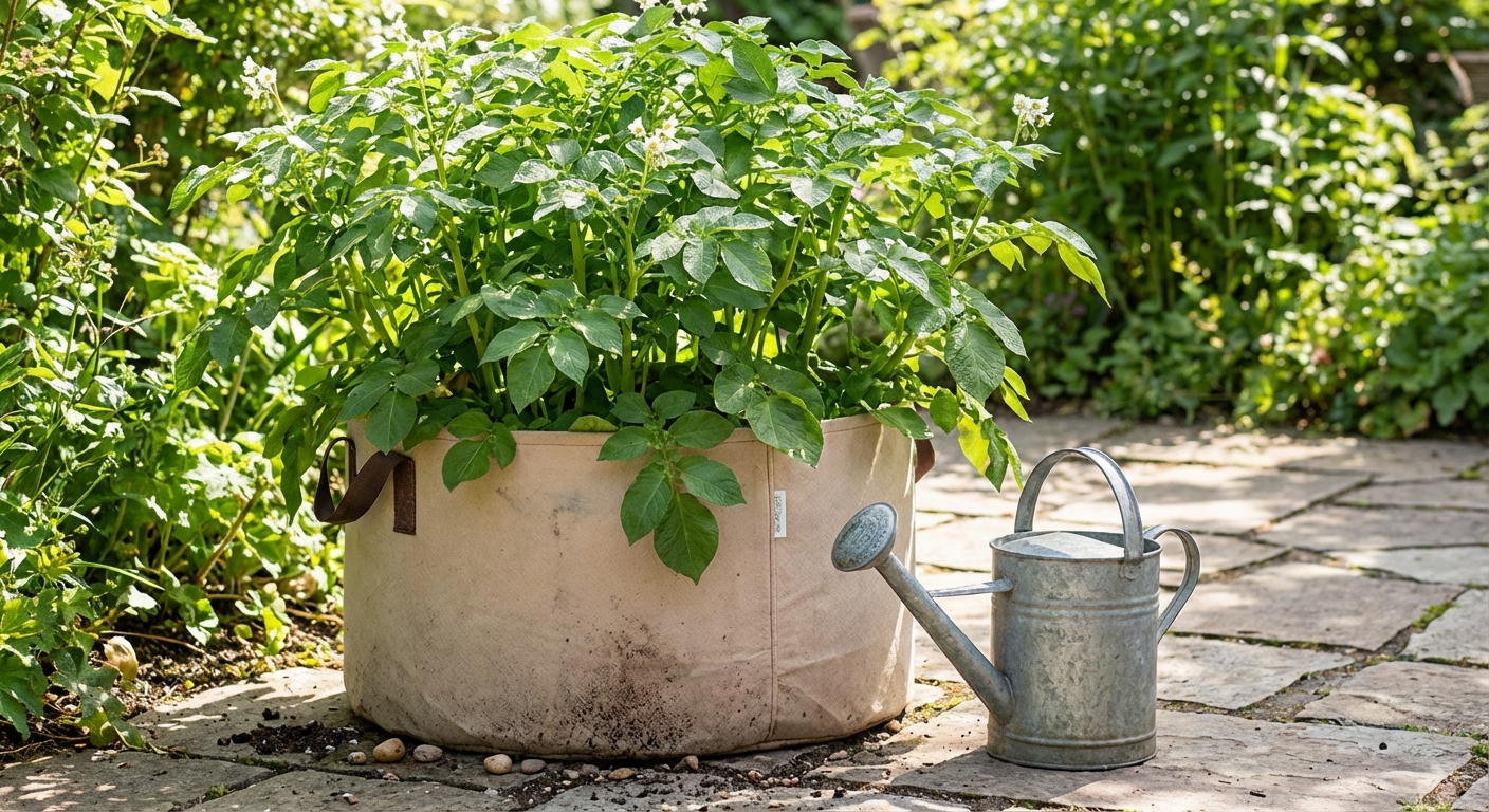 A real photograph of a fabric grow bag on a patio with lush potato plants and a watering can nearby