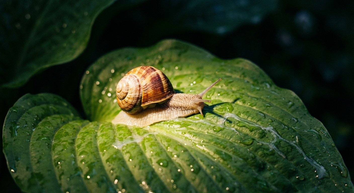 A real photograph of a garden snail on a green hosta leaf at night with a flashlight glow, shallow depth of field and moist leaf texture visible