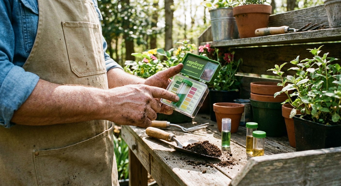 A real photograph of a gardener holding a soil test kit with a small soil sample and color indicator vial on an outdoor potting bench