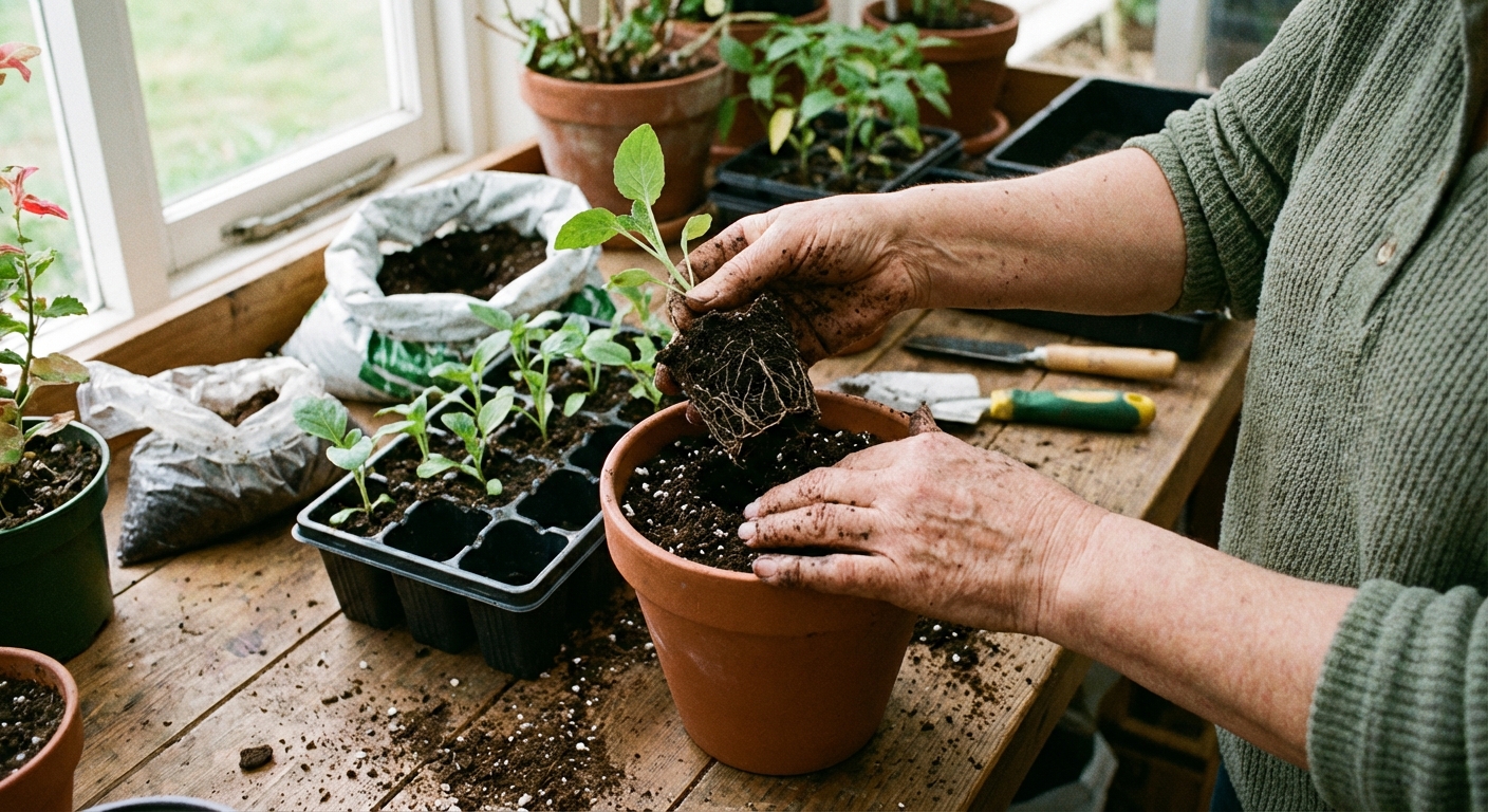 A real photograph of a gardener transplanting a small seedling from a cell tray into a larger pot with fresh potting mix, hands gently supporting the root ball, indoor work surface