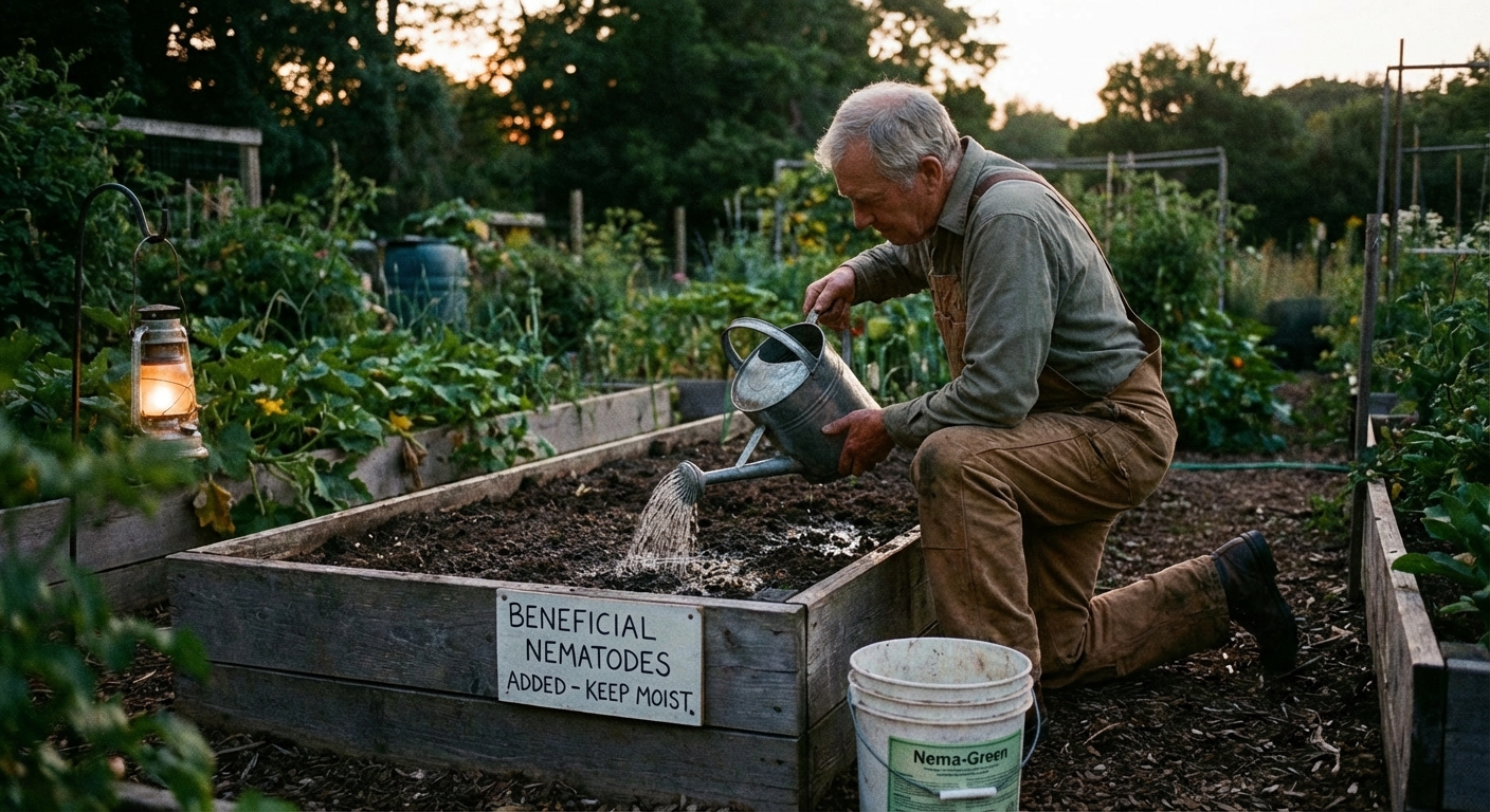 A real photograph of a gardener watering a vegetable bed with a watering can at dusk, suggesting application of beneficial nematodes to moist soil in an outdoor garden