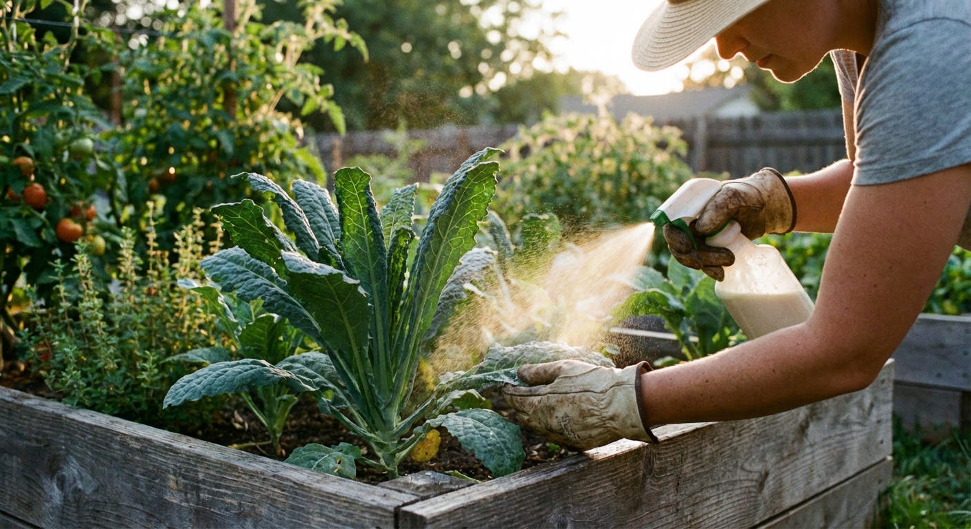 A real photograph of a gardener wearing gloves applying a neem oil spray to the underside of kale leaves in a backyard raised bed during early evening light, with other vegetable plants softly blurred in the background