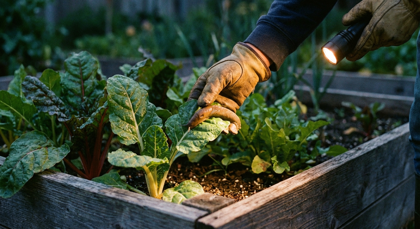 A real photograph of a gardener wearing gloves hand-picking a slug from a raised garden bed at dusk with a small flashlight illuminating leafy greens