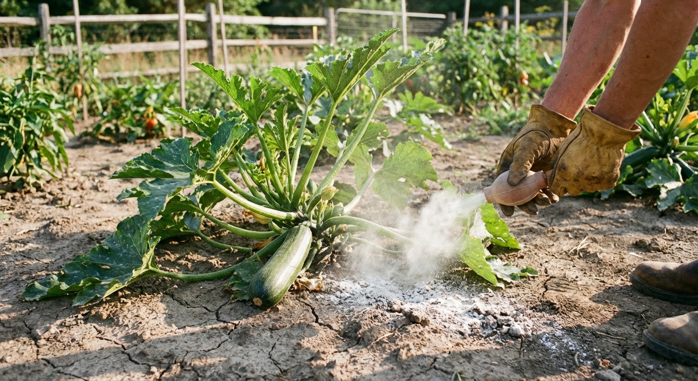 A real photograph of a gardener wearing gloves lightly dusting food-grade diatomaceous earth around the base of a squash plant on dry soil, with a handheld duster visible