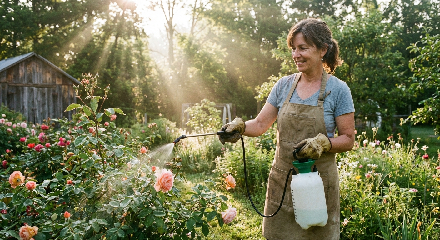 A real photograph of a gardener wearing gloves using a hand pump sprayer to spray rose leaves in a backyard garden, early morning light