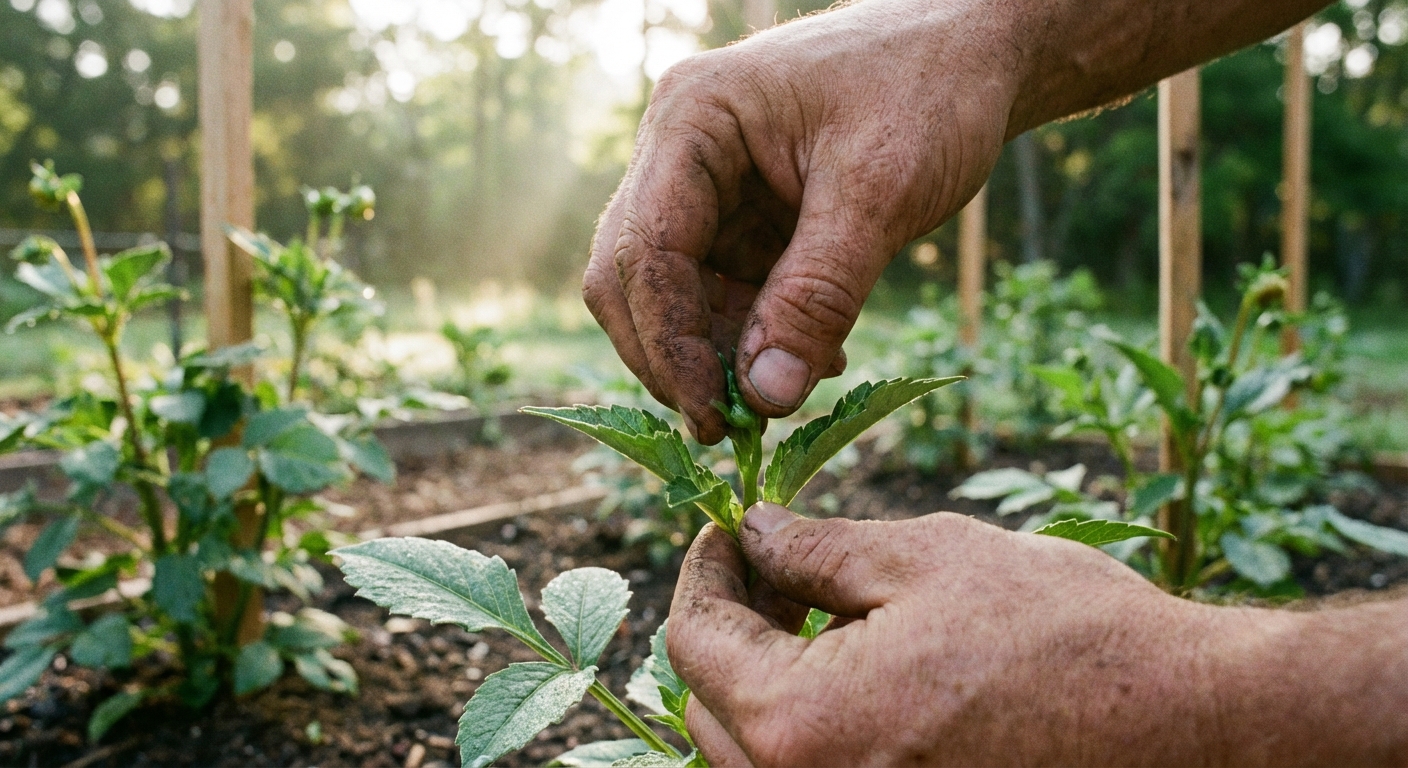 A real photograph of a gardener's fingers pinching the growing tip of a young dahlia plant above a leaf node, outdoor garden setting in soft morning light