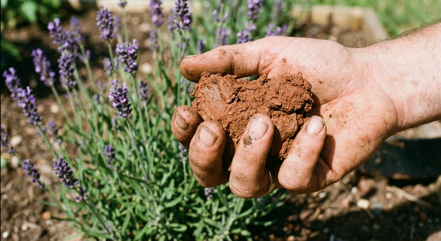 A real photograph of a gardener's hand holding a sticky clump of clay soil in a garden bed, with a lavender plant nearby in the background, shot outdoors in natural light