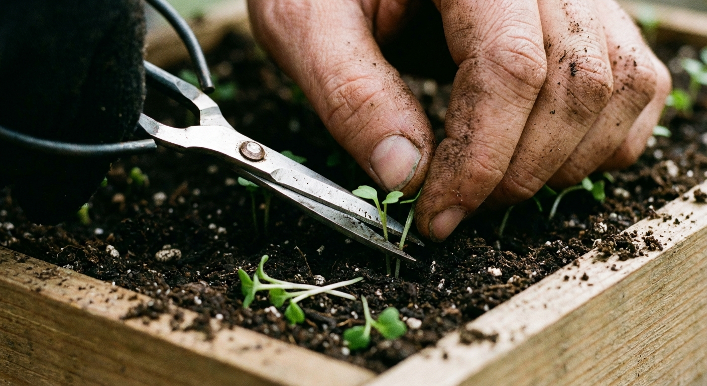 A real photograph of a gardener's hand using small scissors to snip extra seedlings at the soil surface in a seed tray, close-up with sharp focus on the green sprouts