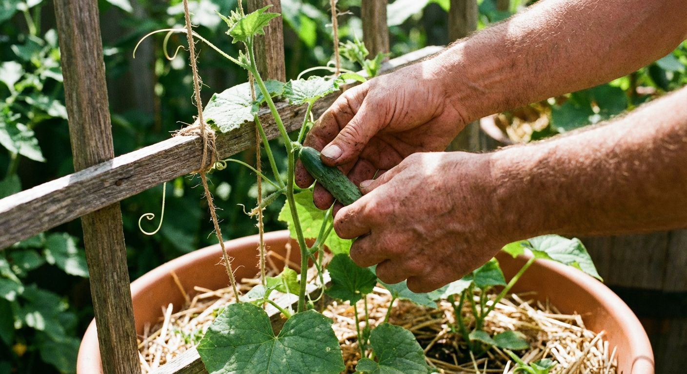 A real photograph of a gardener's hands gently guiding a cucumber vine onto a vertical trellis, with visible tendrils curling around the support and a container pot below