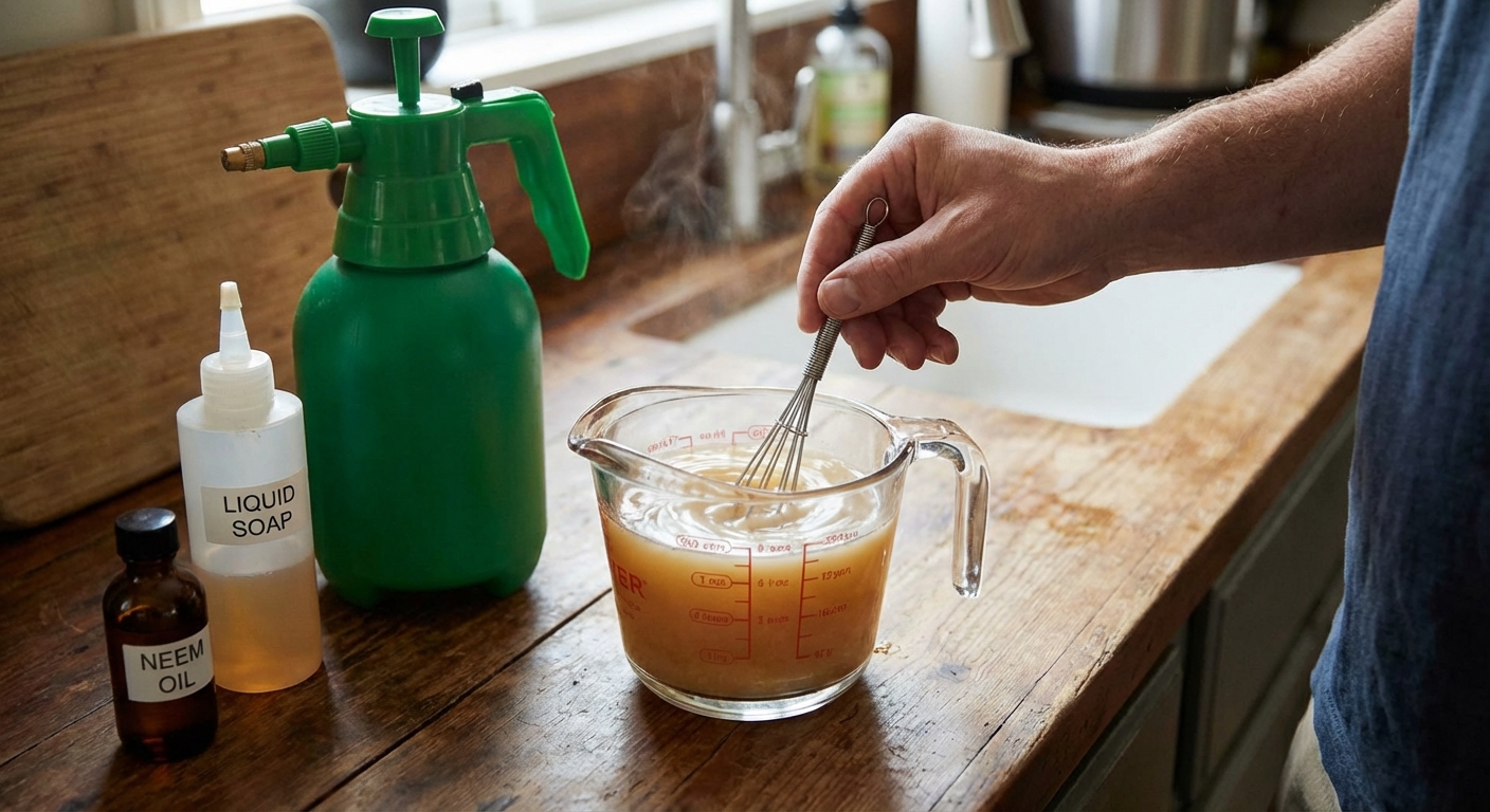 A real photograph of a glass measuring cup with warm water on a kitchen counter as a hand stirs in neem oil and a small amount of liquid soap, creating a uniform milky mixture before pouring into a garden sprayer