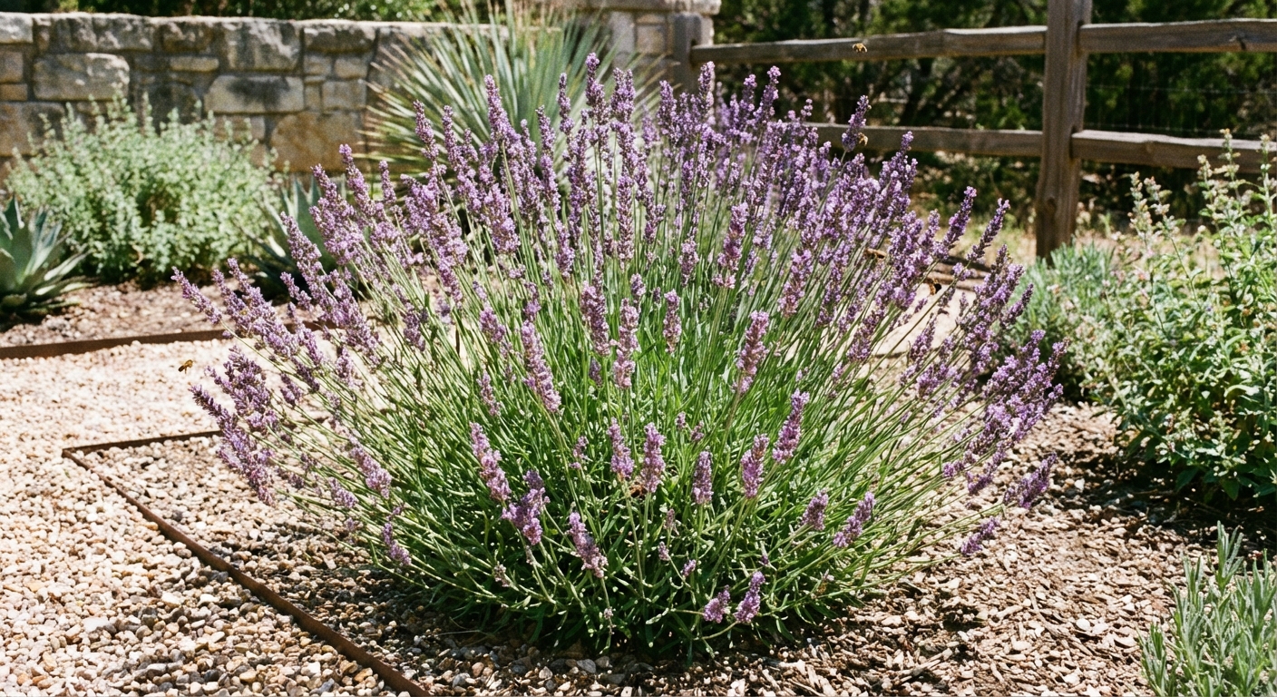 A real photograph of a healthy lavender plant growing in a bright sunny garden bed, with purple flower spikes and gravel mulch visible around the base, taken in clear midday light