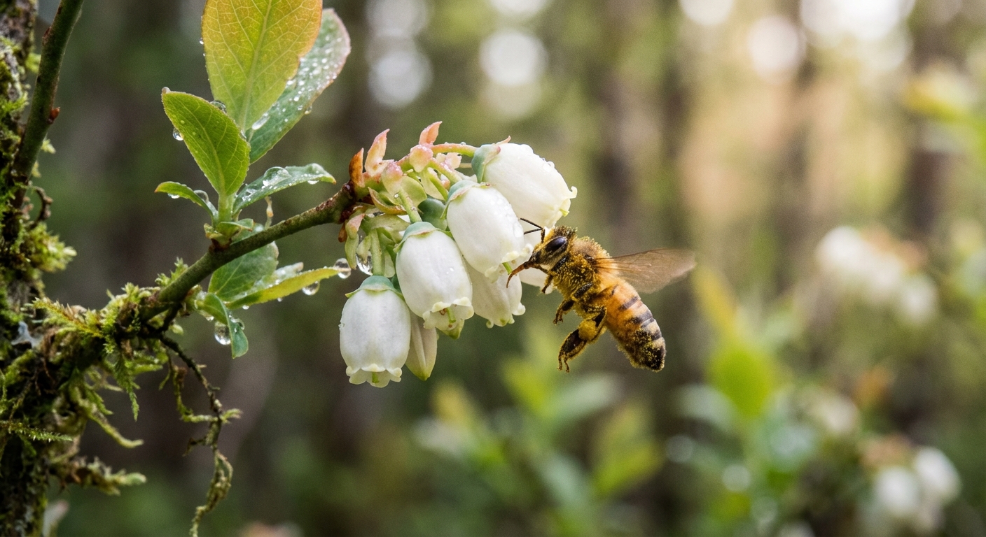 A real photograph of a honeybee visiting white bell-shaped blueberry blossoms on a branch, with a softly blurred green background in natural light