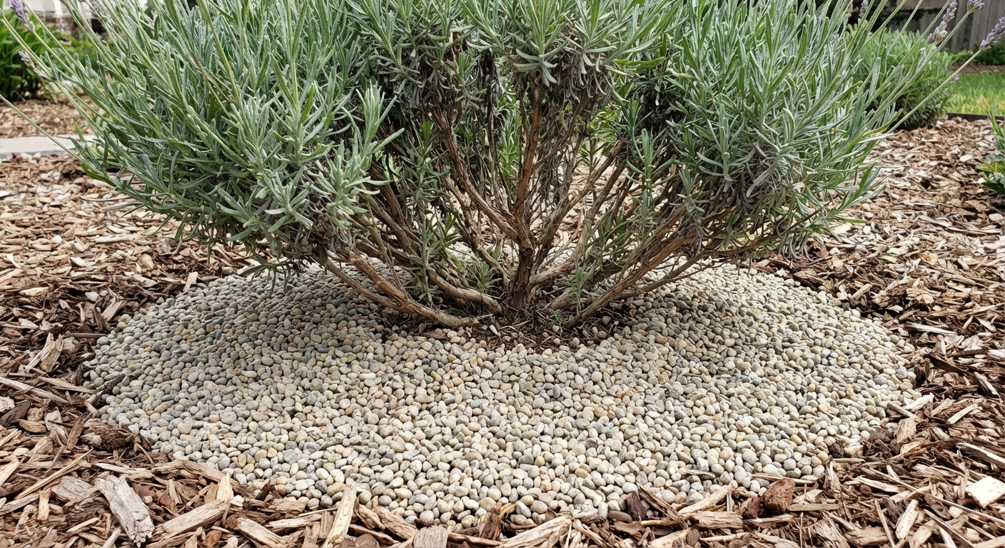A real photograph of a lavender plant with a clean ring of small gravel mulch around its base, showing the crown kept clear of organic mulch, photographed at ground level in natural light