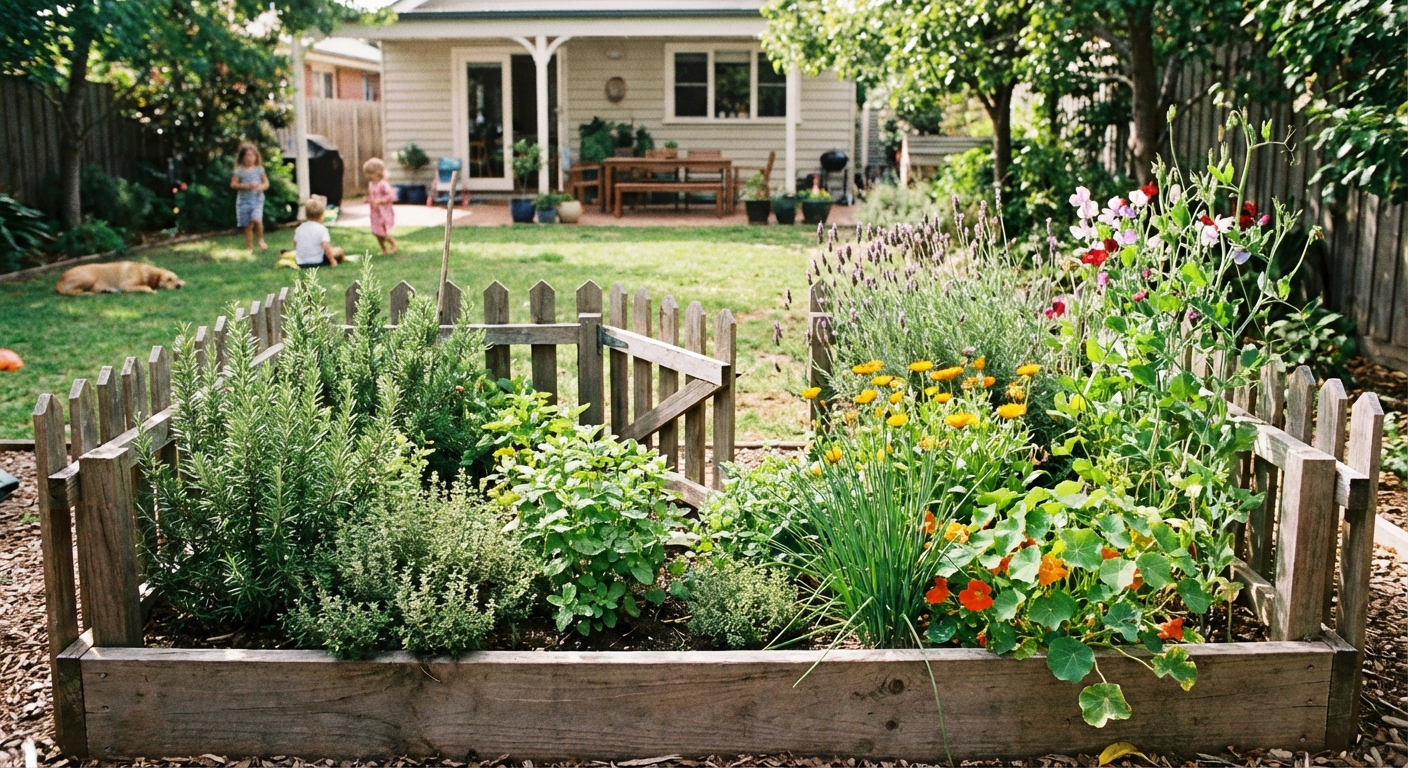 A real photograph of a low raised garden bed with a small wooden fence, filled with herbs and flowers, in a family backyard