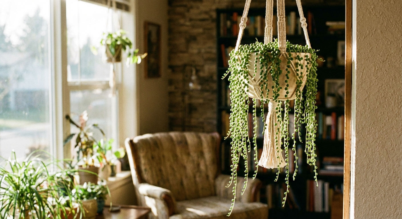 A real photograph of a macrame hanging planter holding a string of pearls plant in a bright living room corner, with the trailing strands hanging down and a softly blurred background